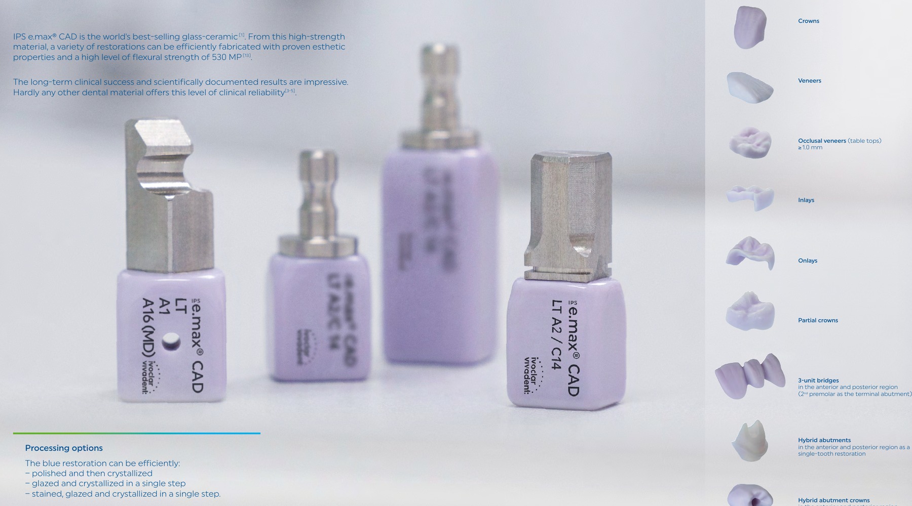 IPS e.max CAD lithium disilicate blocks
Official Ivoclar documentation showing multiple IPS e.max CAD blocks and example indications.